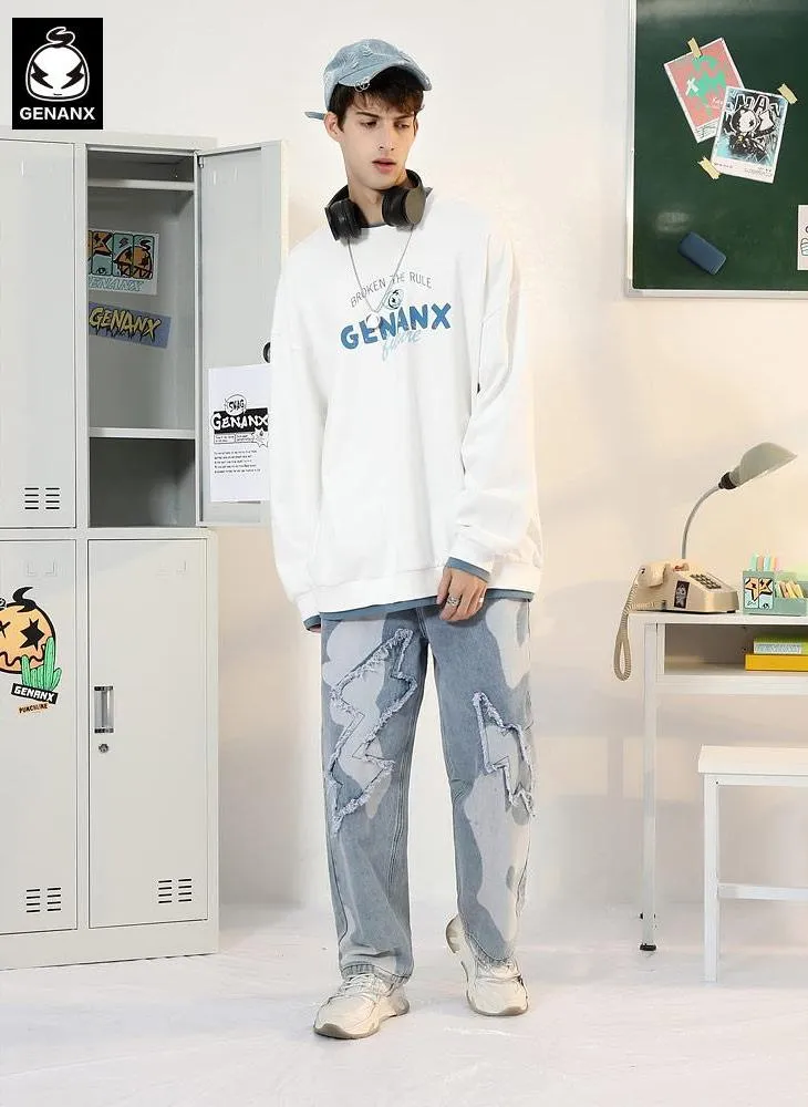 Minimalist Letter Print Spliced Drop-Shoulder Sleeve Sweatshirt