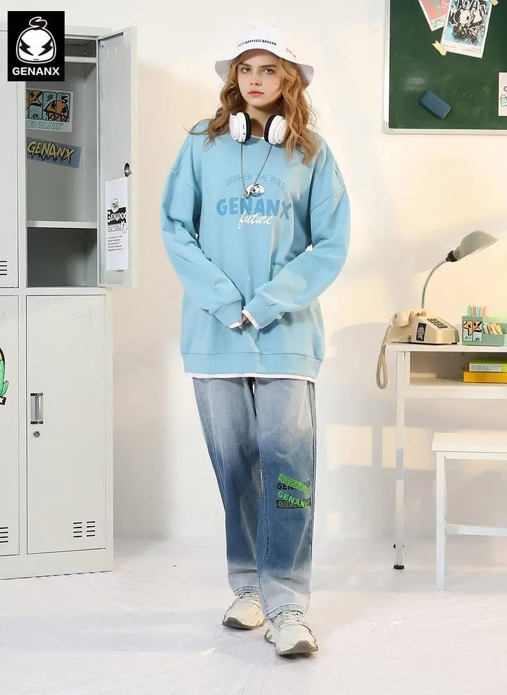 Minimalist Letter Print Spliced Drop-Shoulder Sleeve Sweatshirt