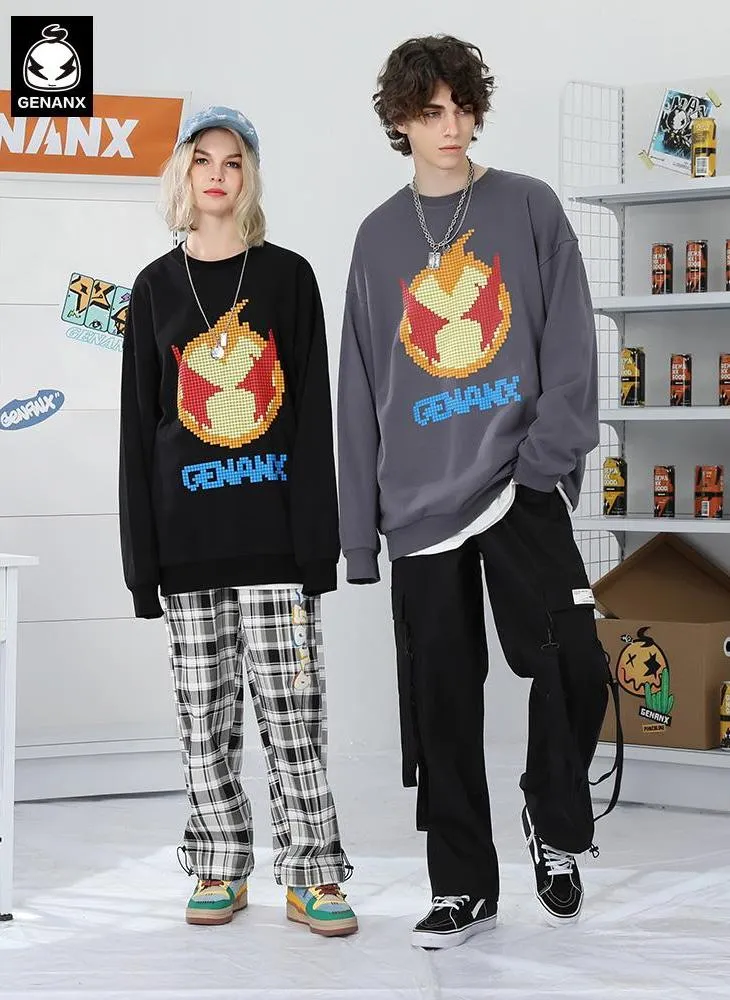 Pixel Cartoon Print Drop-Shoulder Sleeve Sweatshirt