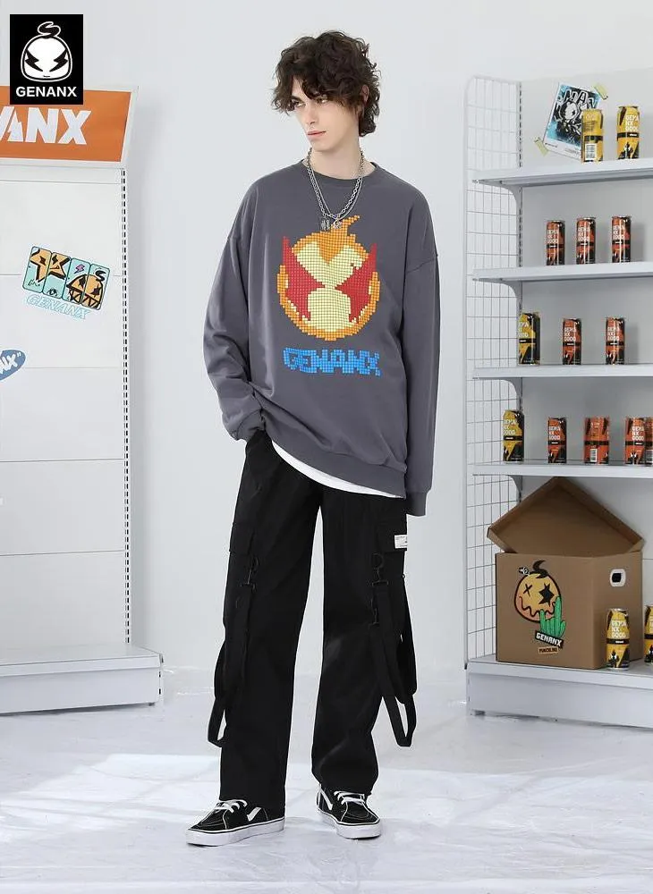 Pixel Cartoon Print Drop-Shoulder Sleeve Sweatshirt