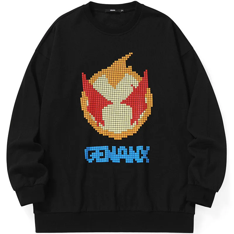 Pixel Cartoon Print Drop-Shoulder Sleeve Sweatshirt