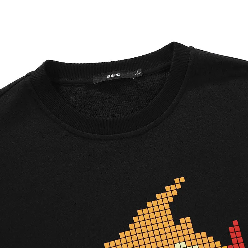 Pixel Cartoon Print Drop-Shoulder Sleeve Sweatshirt