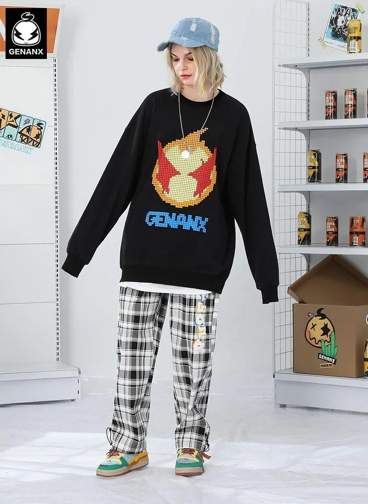 Pixel Cartoon Print Drop-Shoulder Sleeve Sweatshirt