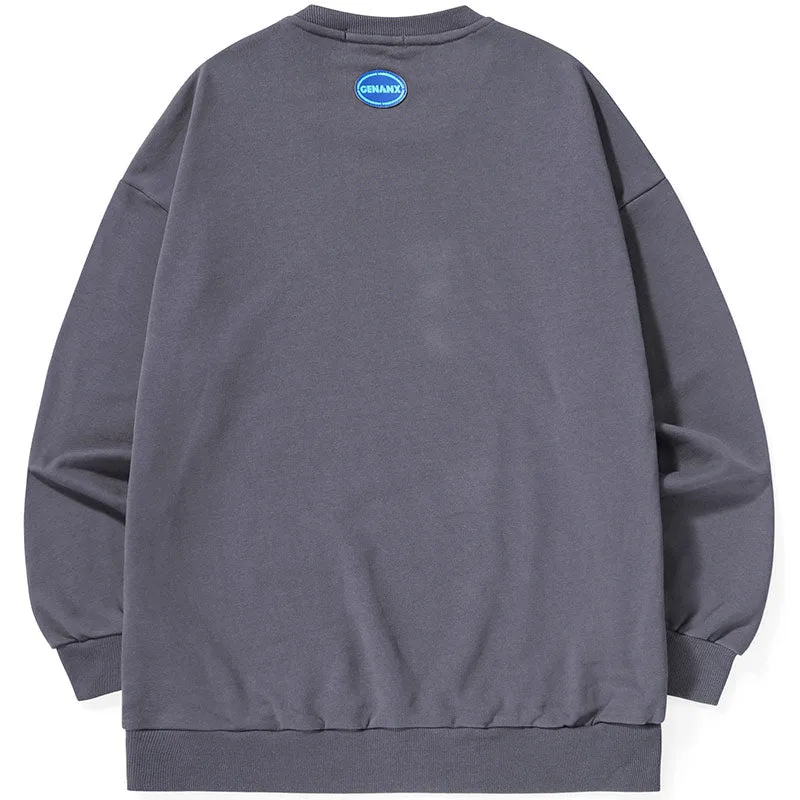 Pixel Cartoon Print Drop-Shoulder Sleeve Sweatshirt