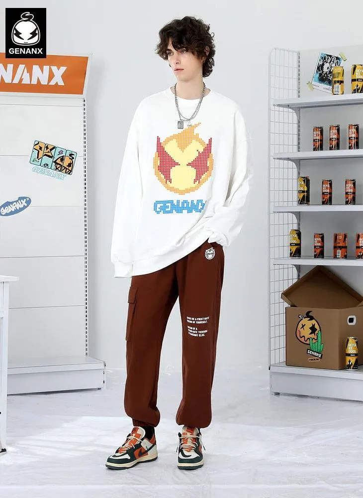 Pixel Cartoon Print Drop-Shoulder Sleeve Sweatshirt