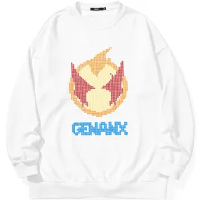 Pixel Cartoon Print Drop-Shoulder Sleeve Sweatshirt