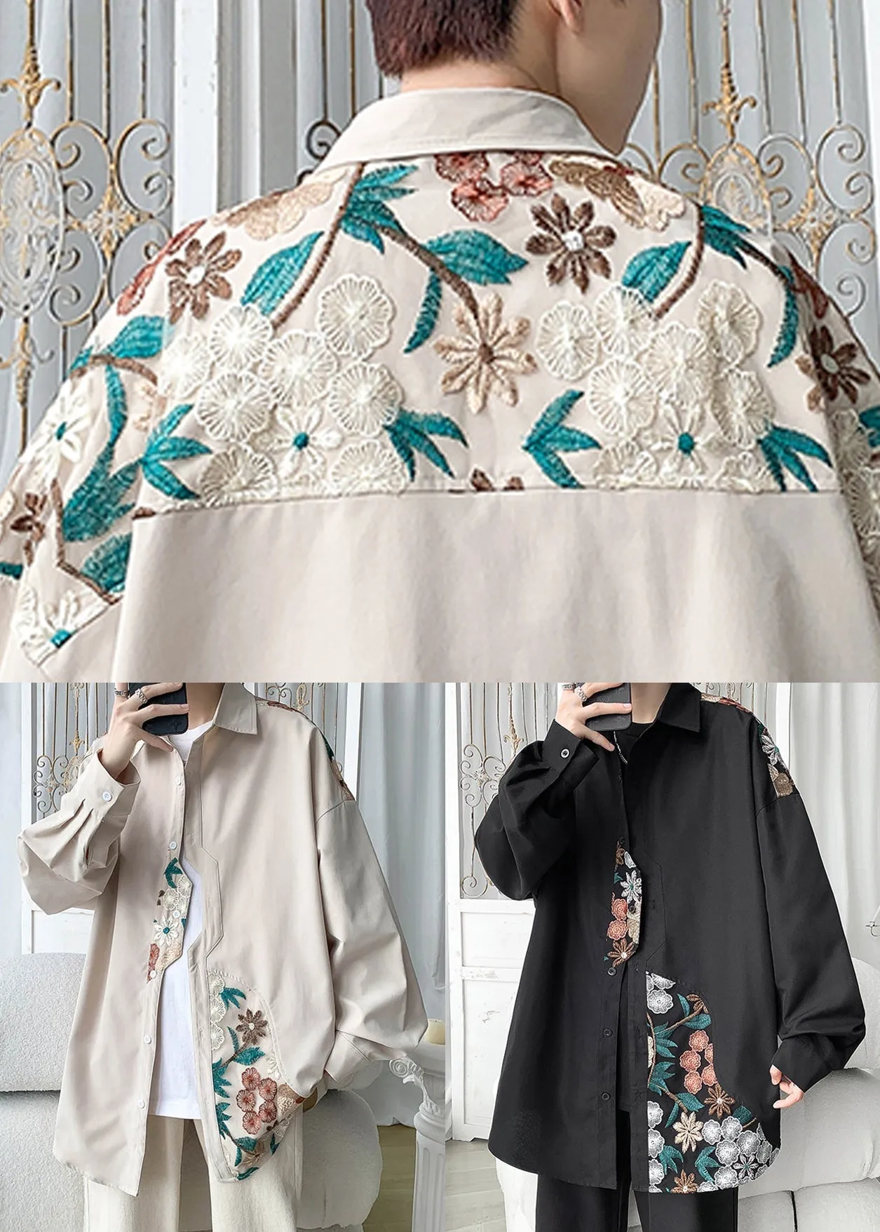Plus Size Beige Embroidered Button Cotton Neutral Coats Spring QA1034