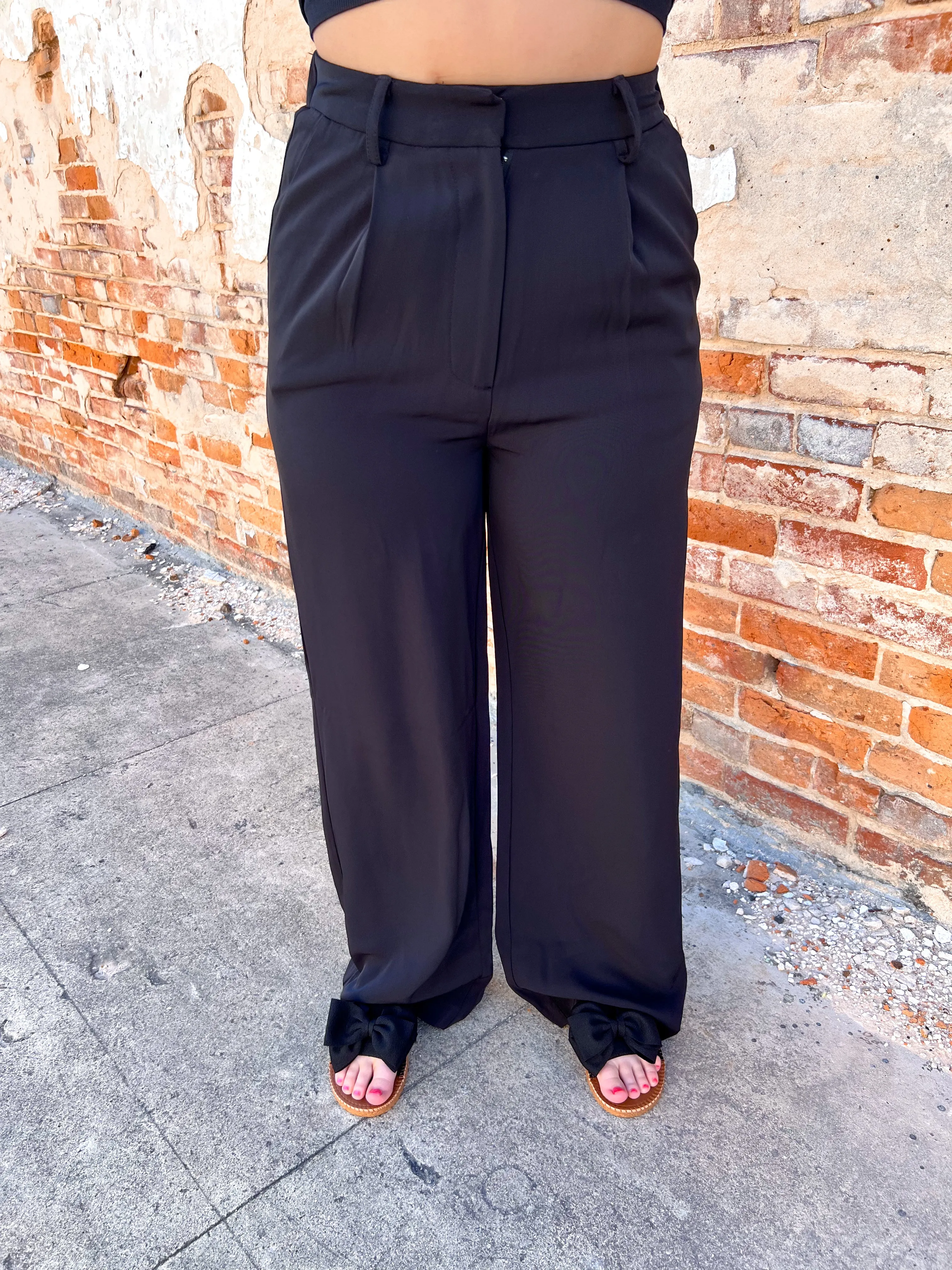 Raella Solid Point Wide Pants - Black