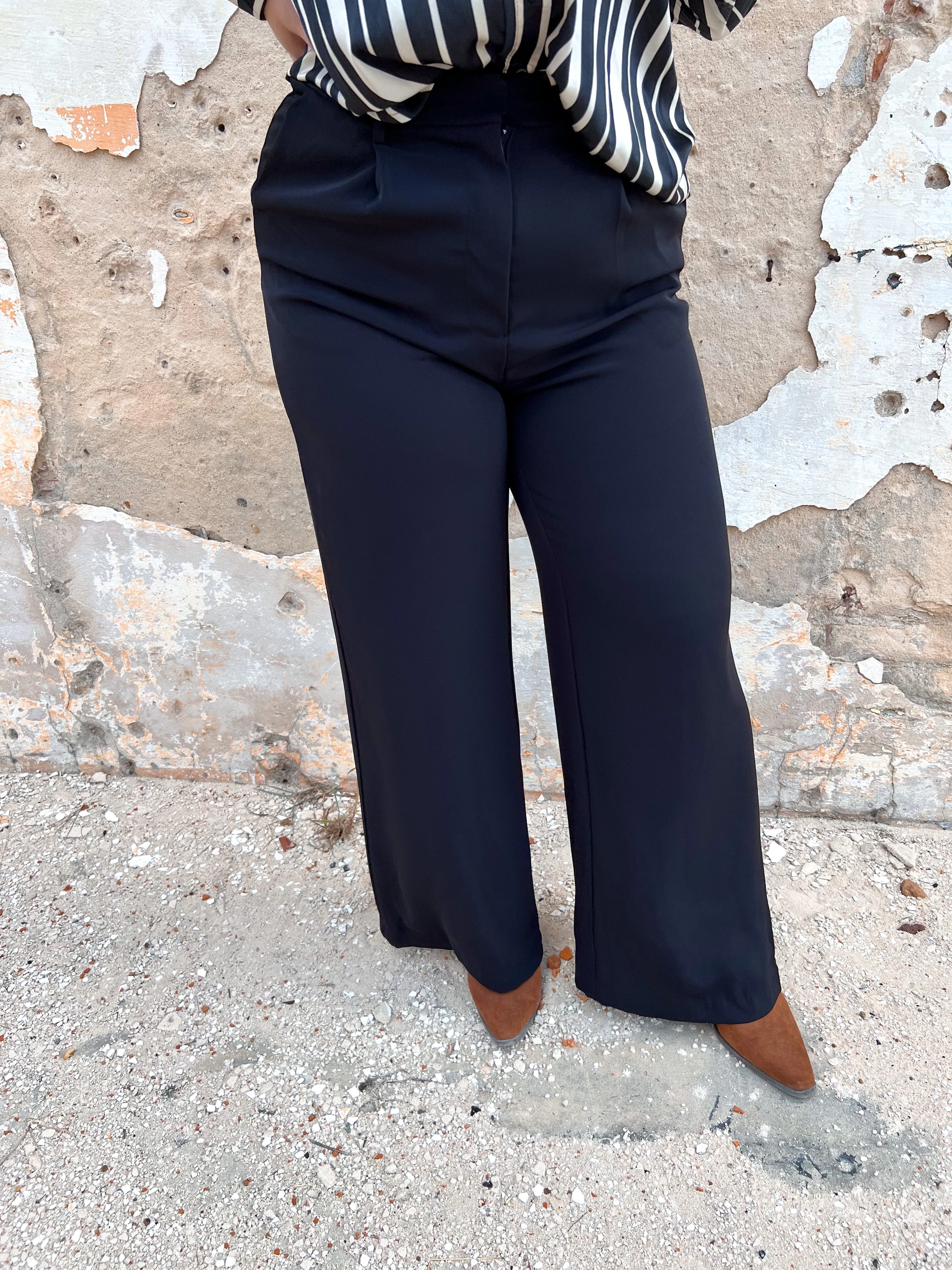 Raella Solid Point Wide Pants - Black
