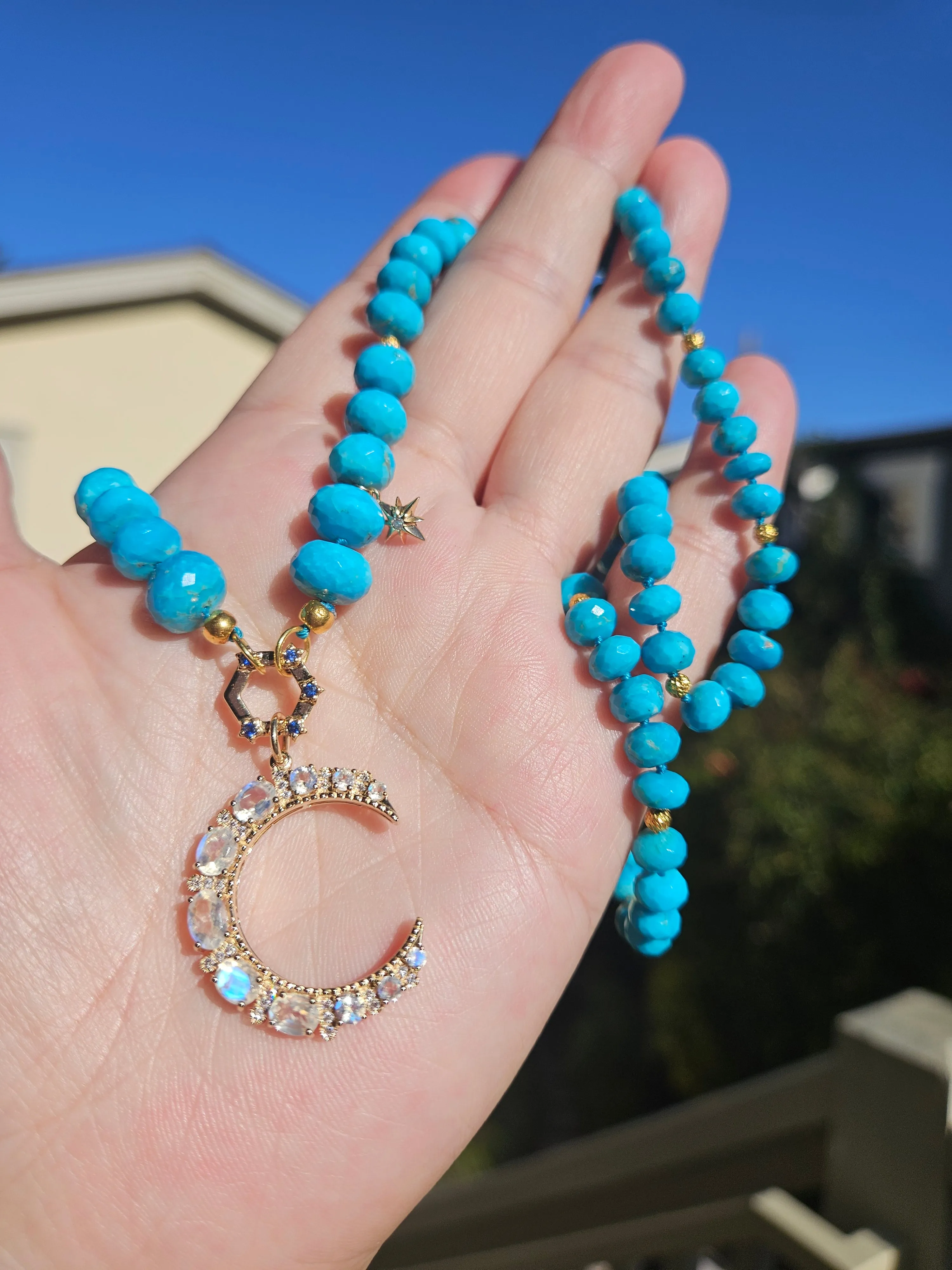 Rainbow Moonstone Gemstone Crescent Moon 14K Yellow Gold Diamond Pendant