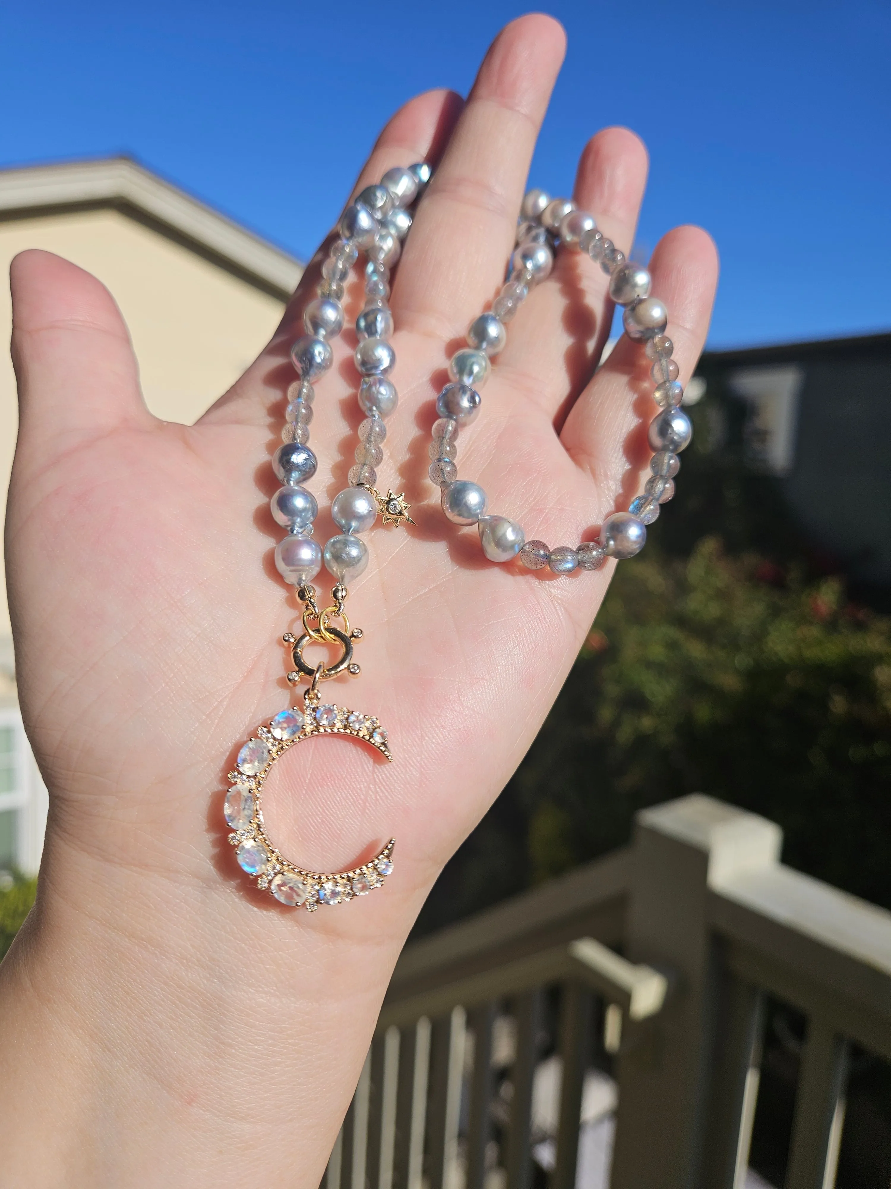 Rainbow Moonstone Gemstone Crescent Moon 14K Yellow Gold Diamond Pendant
