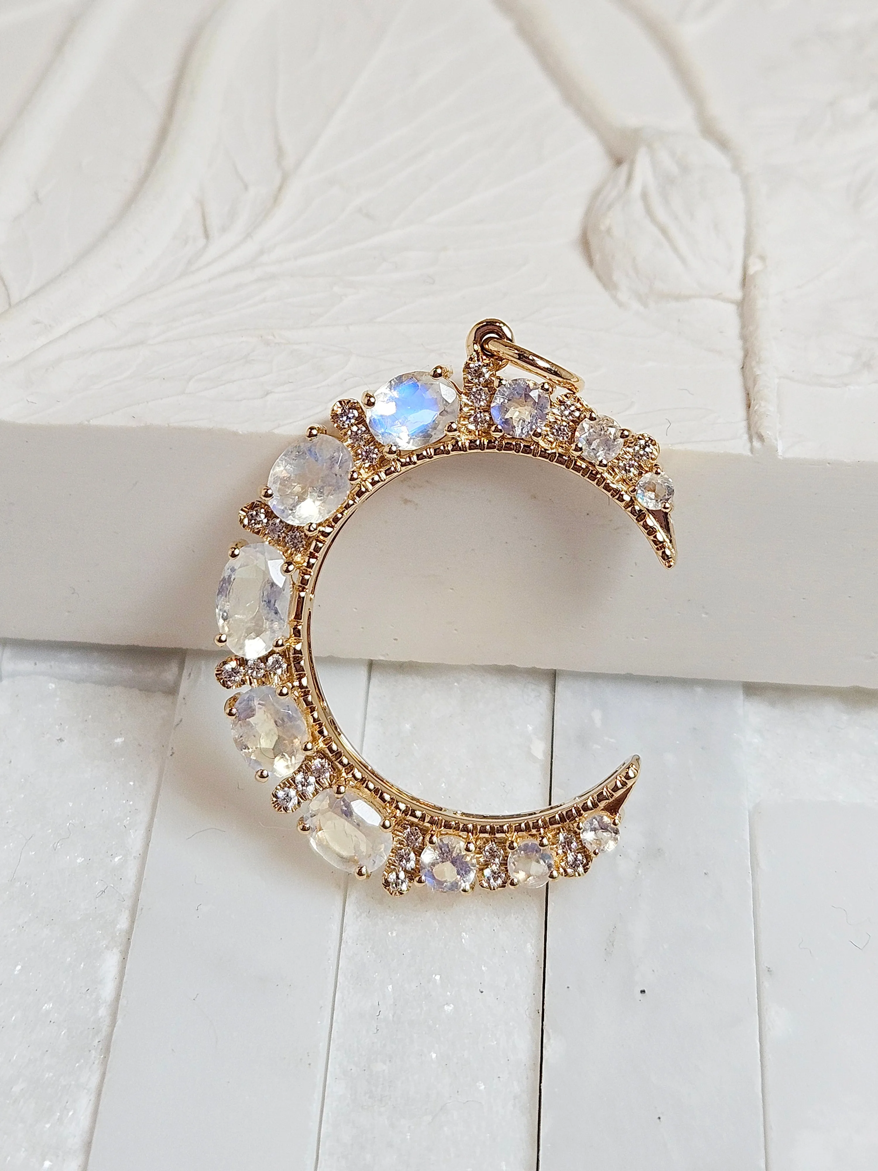 Rainbow Moonstone Gemstone Crescent Moon 14K Yellow Gold Diamond Pendant