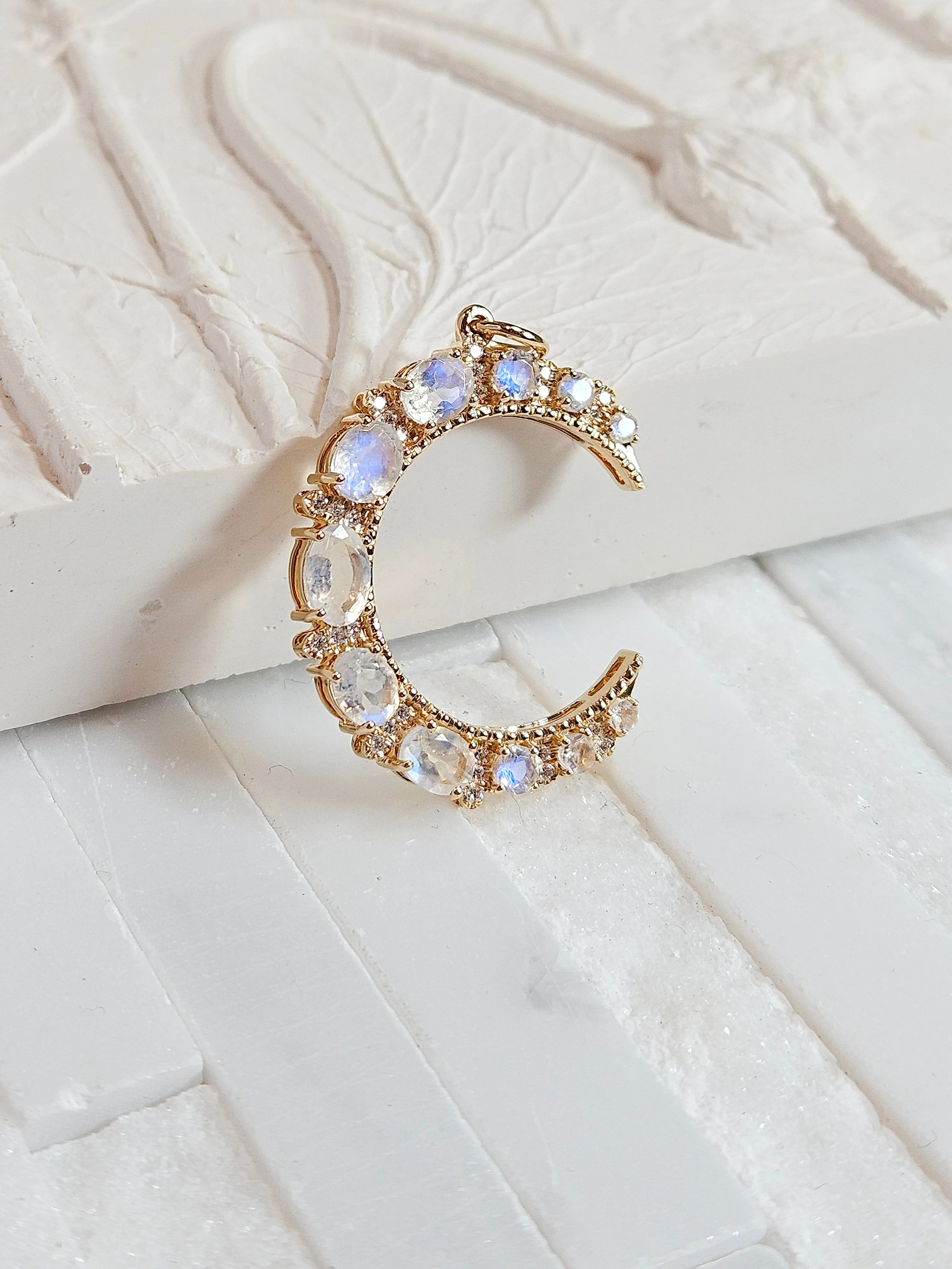Rainbow Moonstone Gemstone Crescent Moon 14K Yellow Gold Diamond Pendant