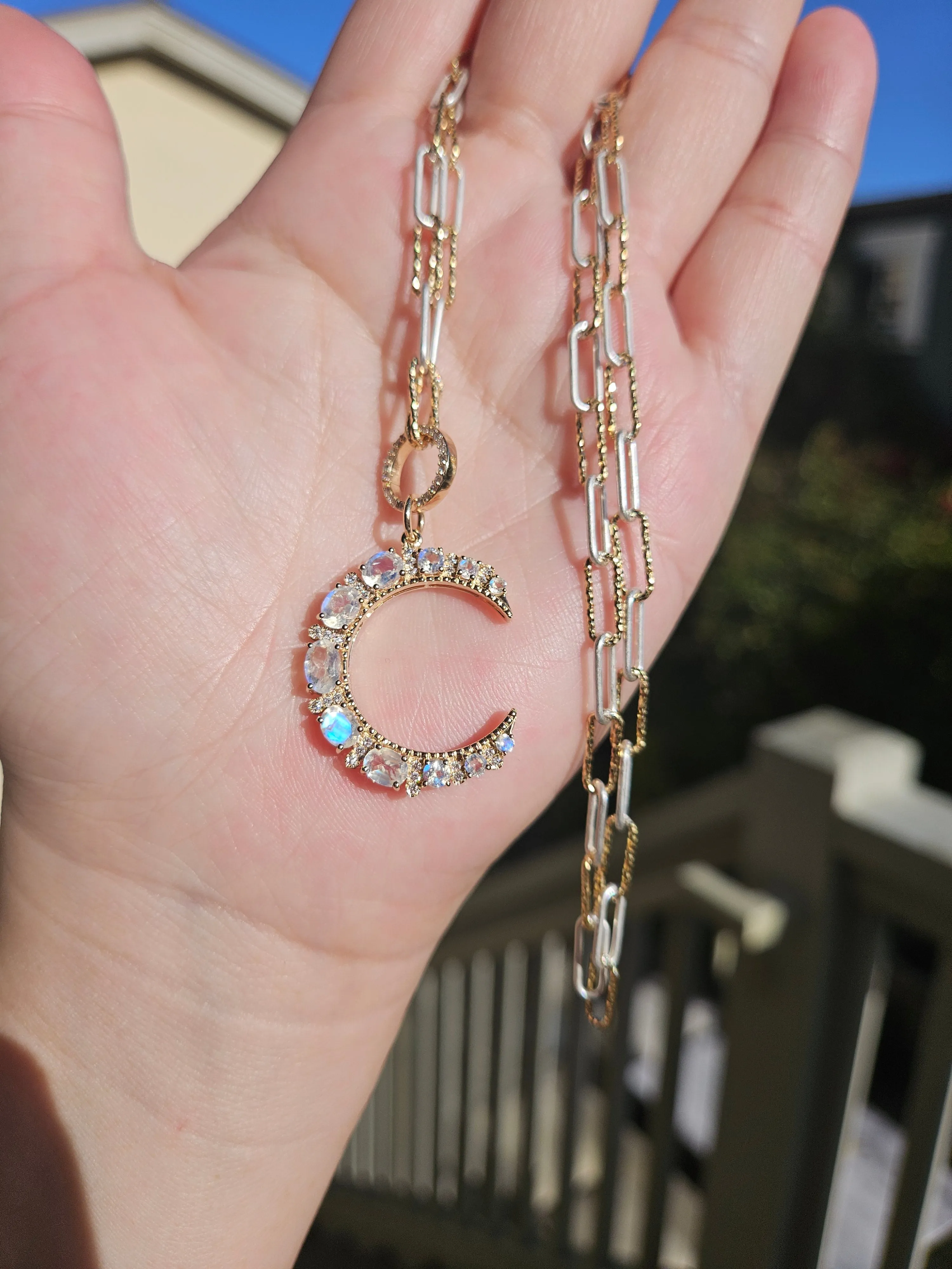 Rainbow Moonstone Gemstone Crescent Moon 14K Yellow Gold Diamond Pendant
