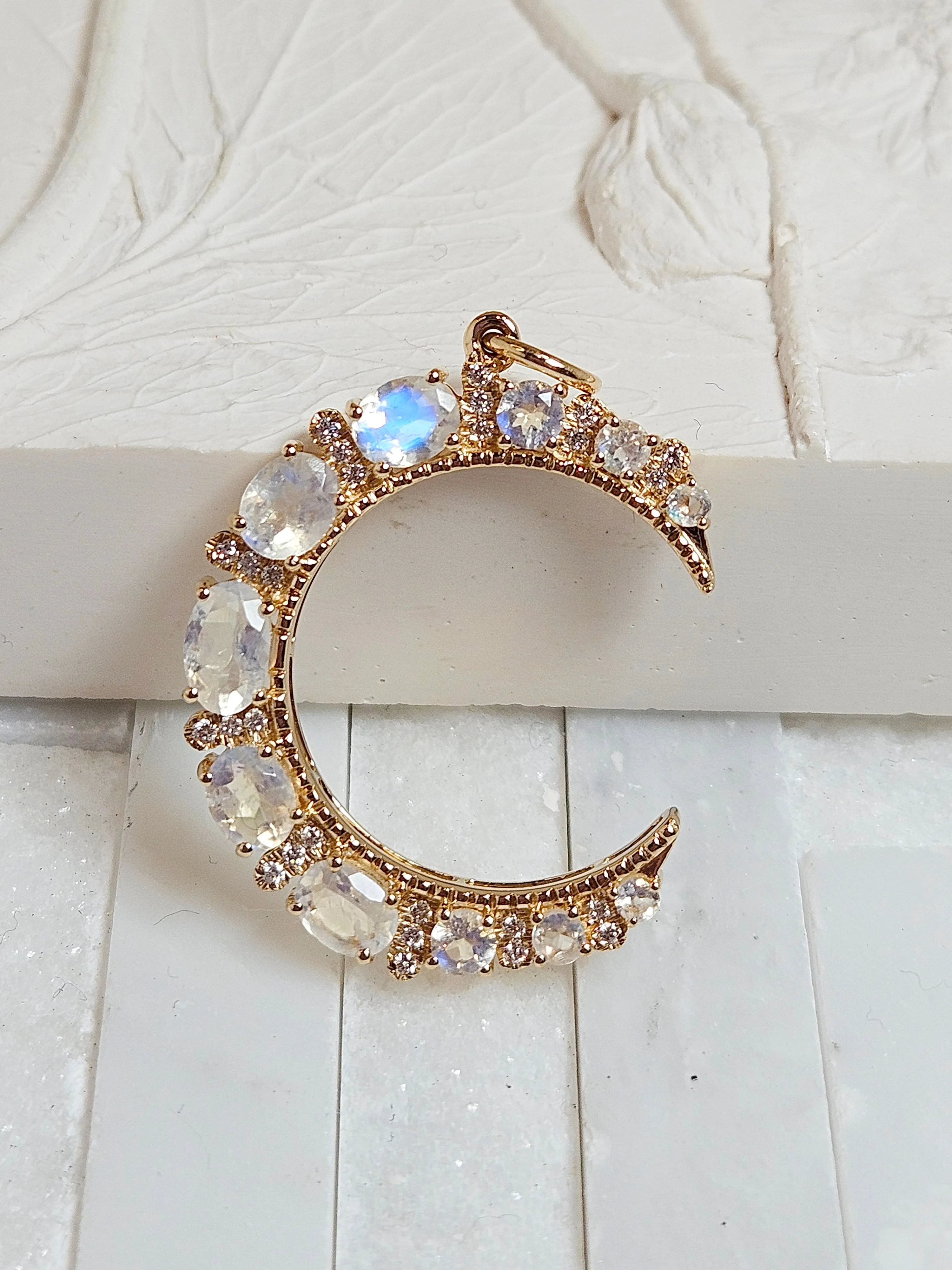 Rainbow Moonstone Gemstone Crescent Moon 14K Yellow Gold Diamond Pendant