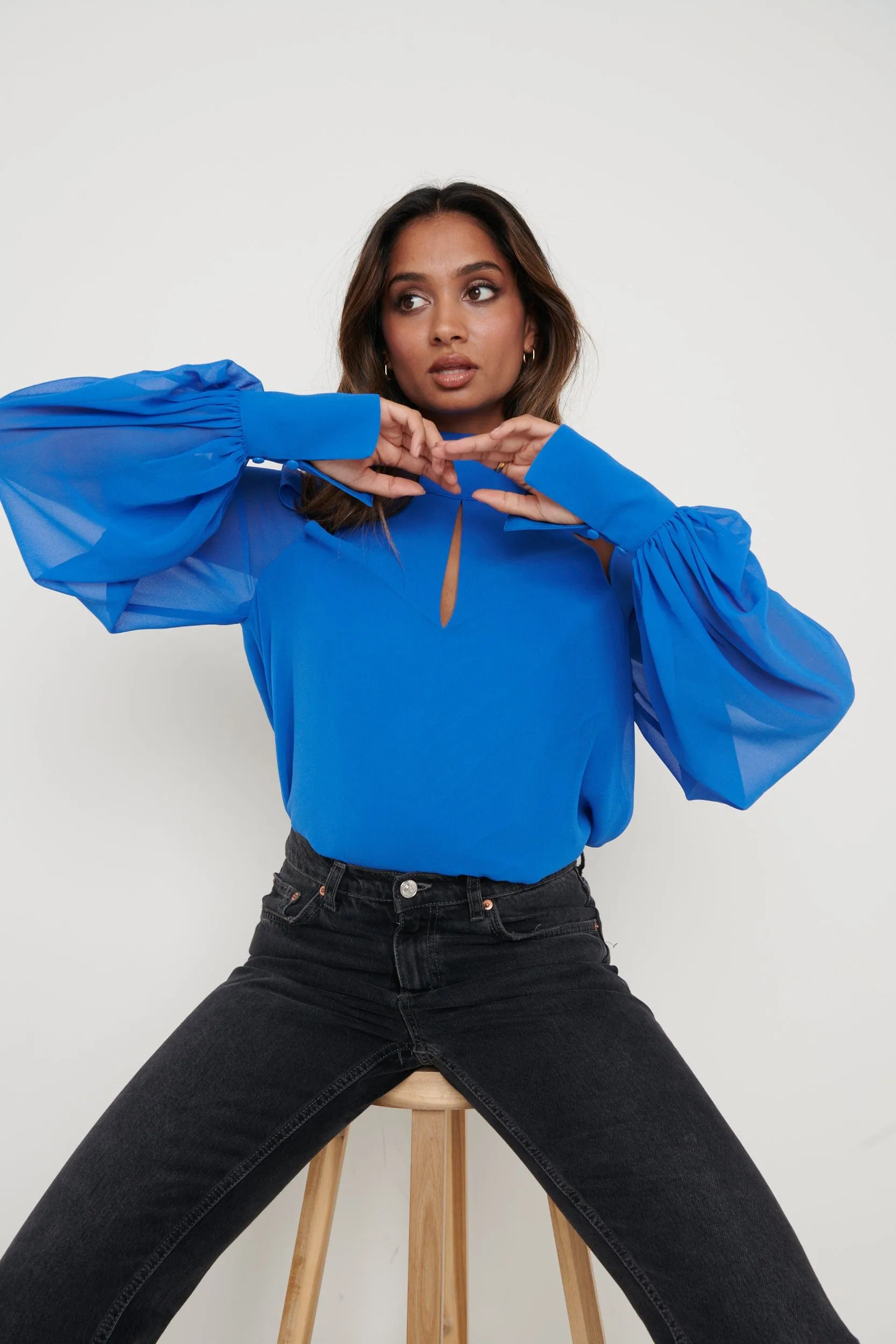 Romy Cut Out High Neck Blouse - Blue