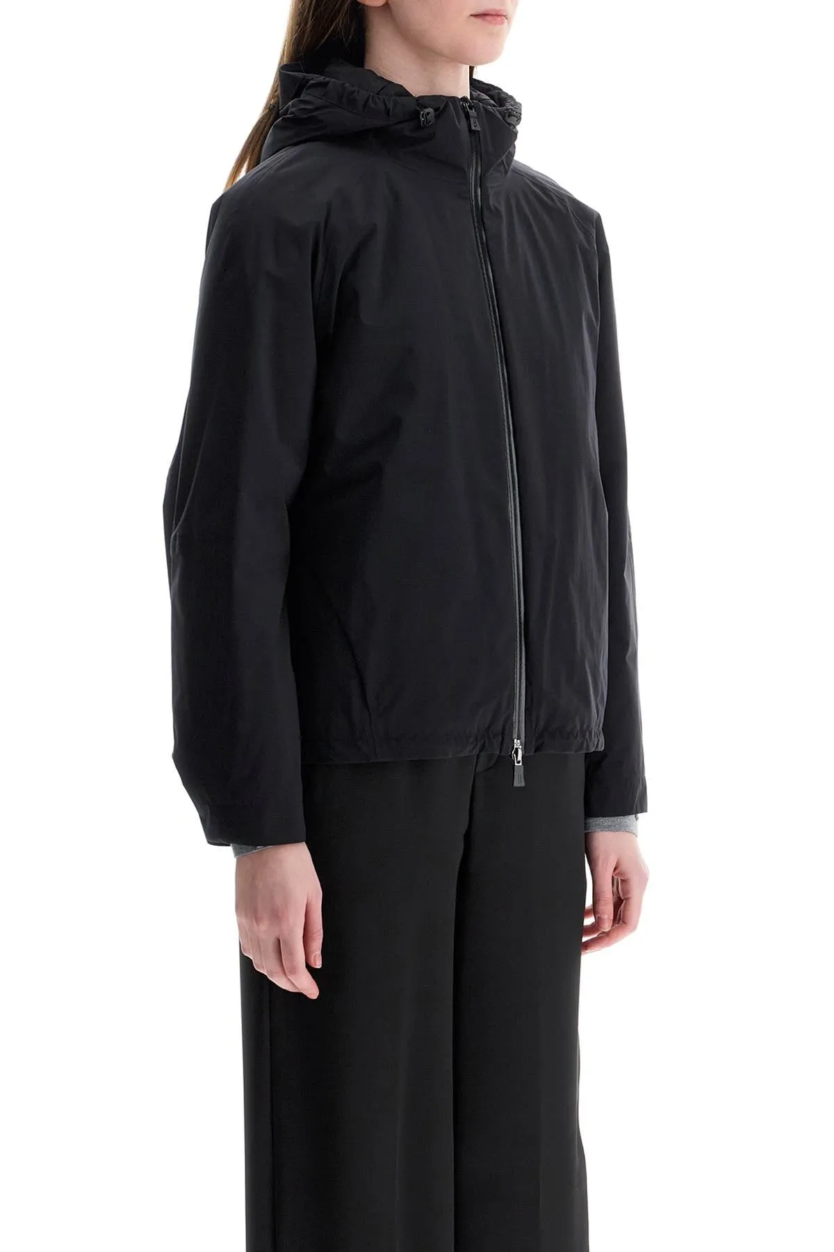 short black waterproof polyamide jacket with hood and zip GI00114DL 11128 NERO