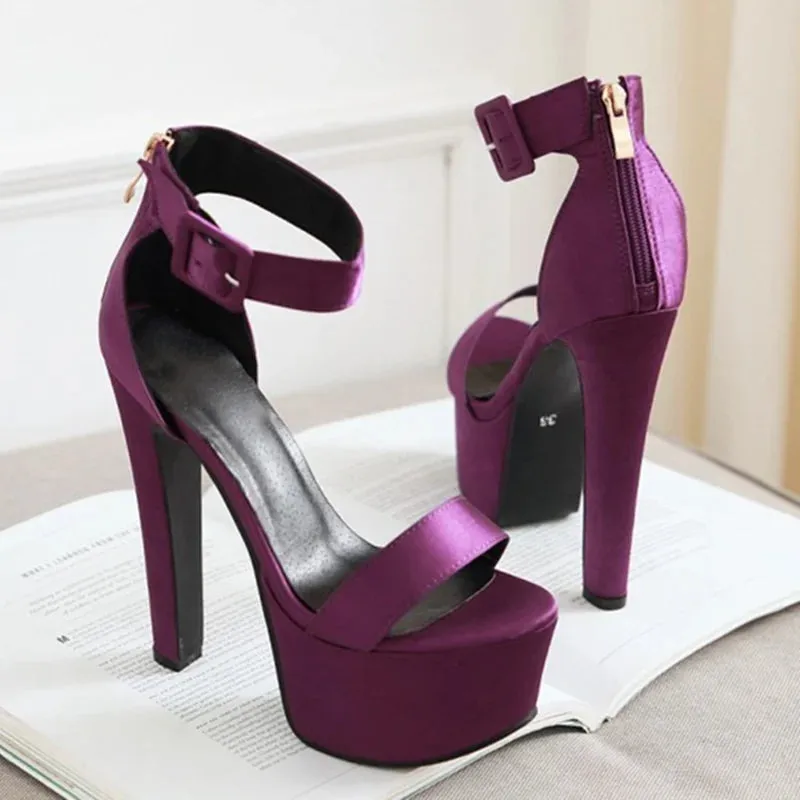 Silk Elegance: Crossdresser's 16cm Platform High Heel Sandals with Straps - Perfect for Party, Wedding, and Evening Wear in Large Sizes