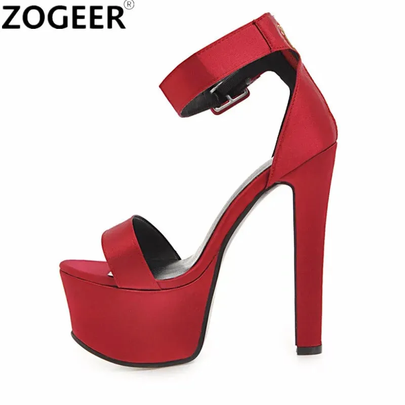 Silk Elegance: Crossdresser's 16cm Platform High Heel Sandals with Straps - Perfect for Party, Wedding, and Evening Wear in Large Sizes