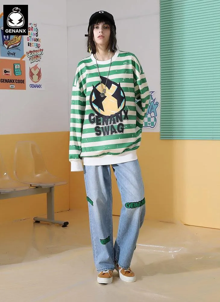 Stripe Cartoon Print Space Cotton Sweatshirt