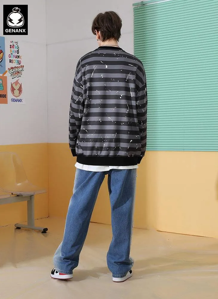 Stripe Cartoon Print Space Cotton Sweatshirt