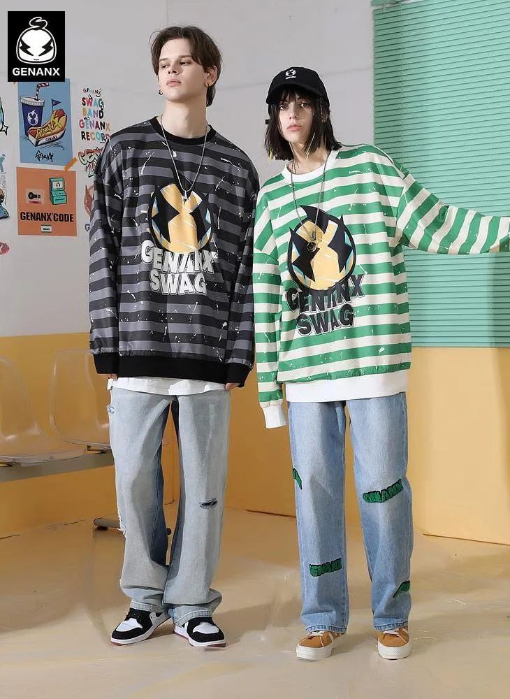 Stripe Cartoon Print Space Cotton Sweatshirt