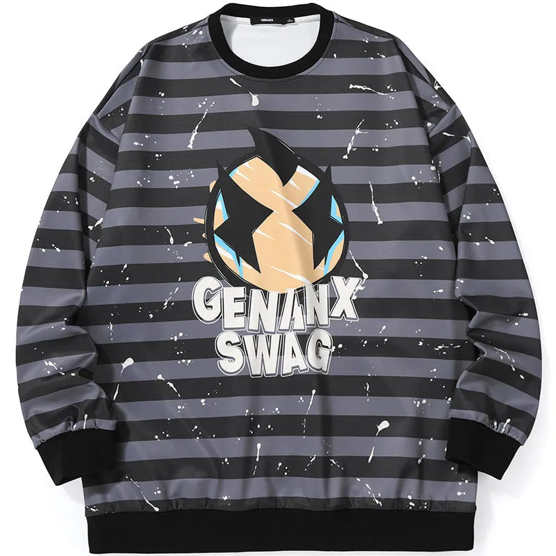Stripe Cartoon Print Space Cotton Sweatshirt