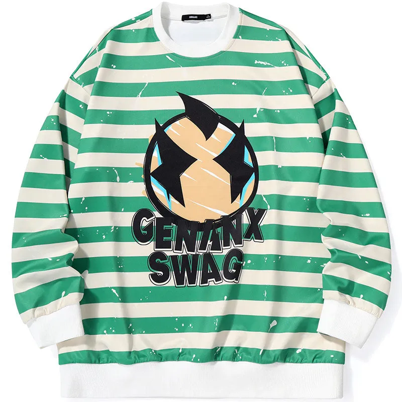 Stripe Cartoon Print Space Cotton Sweatshirt