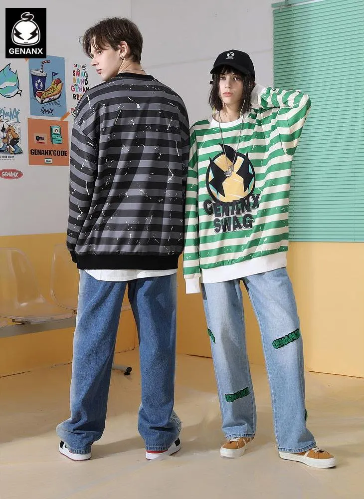 Stripe Cartoon Print Space Cotton Sweatshirt