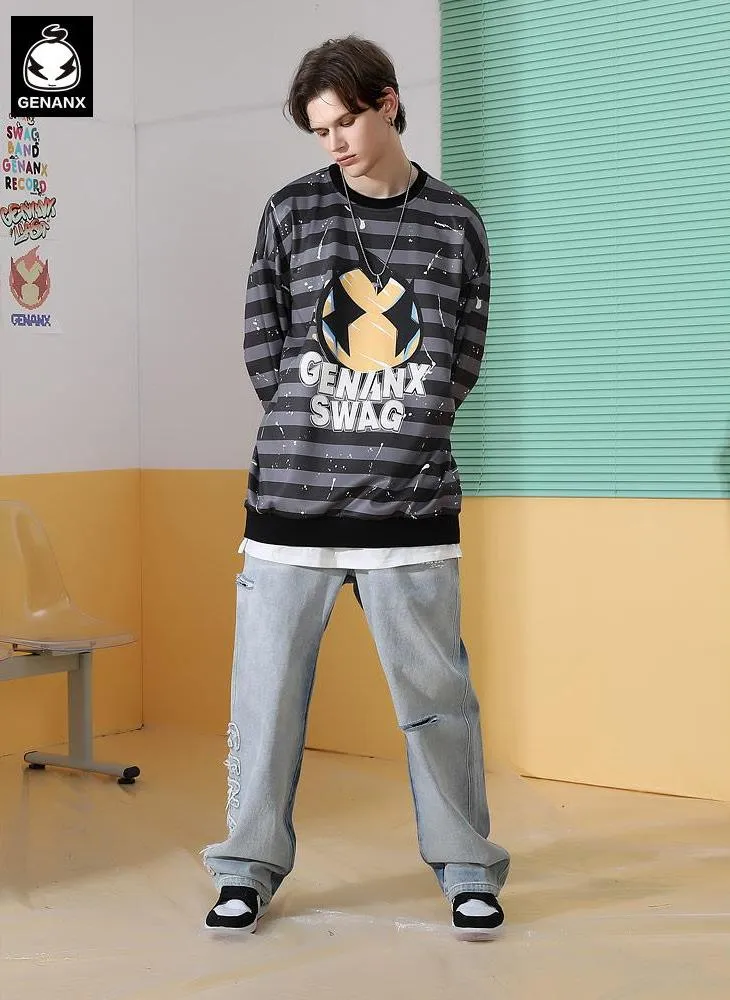 Stripe Cartoon Print Space Cotton Sweatshirt