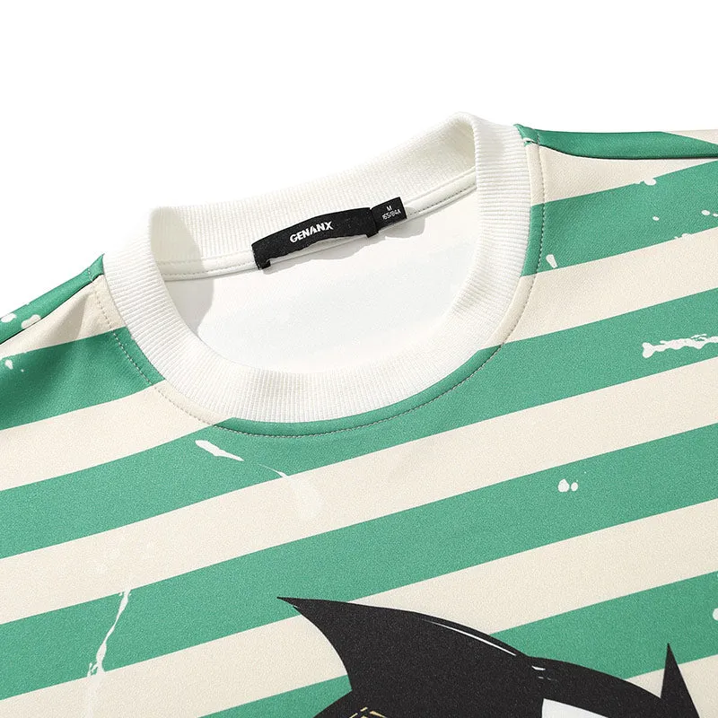 Stripe Cartoon Print Space Cotton Sweatshirt