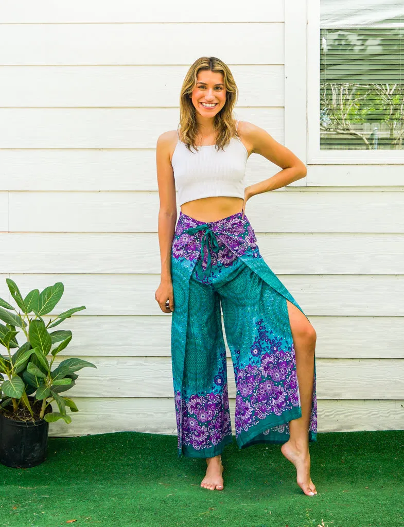 Teal Orchid Mandala Palazzo Wrap Pants