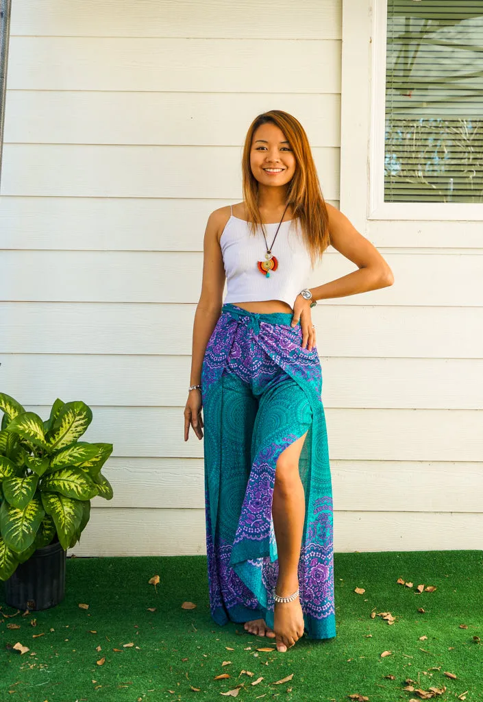 Teal Orchid Mandala Palazzo Wrap Pants