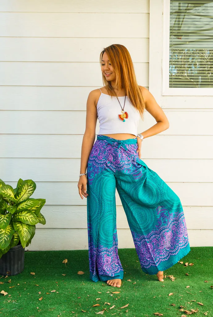 Teal Orchid Mandala Palazzo Wrap Pants