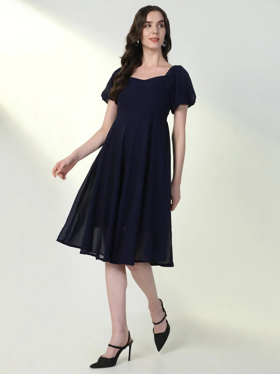 Women Solid Navy Blue Flared Dress
